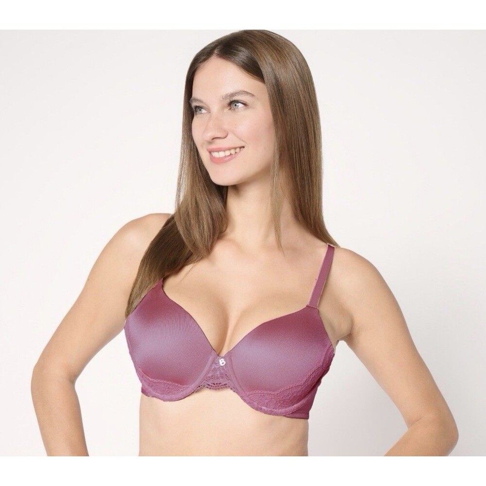 Breezies Natural Curves Lace Trim Underwire T-Shirt Bra Misty Mauve Sz 34C